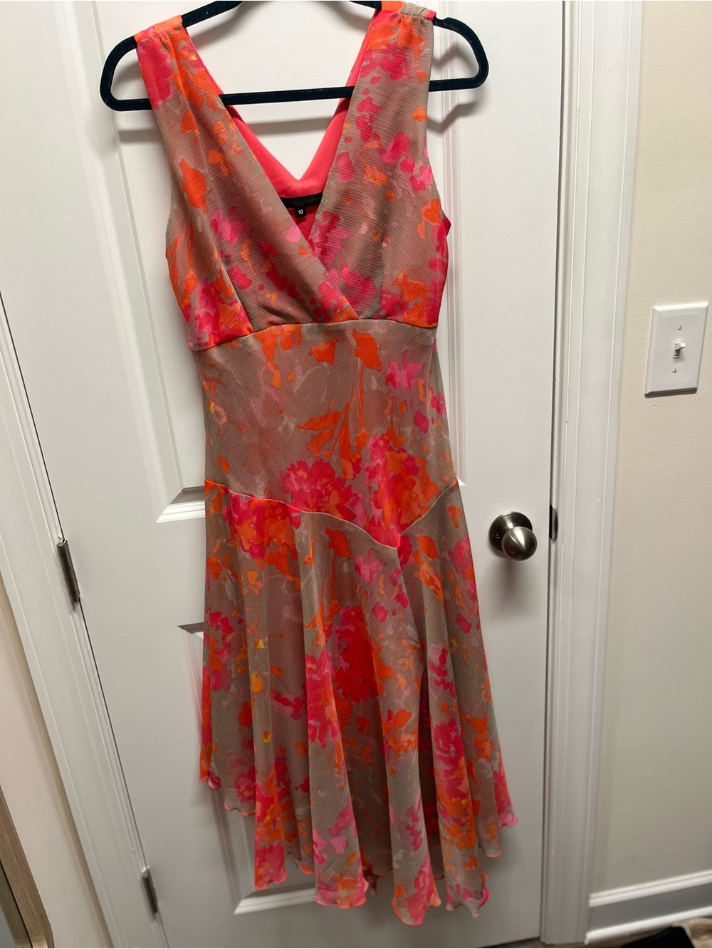 Chris McLaughlin Floral Midi Dress Coral Orange Pink Chiffon Asymmetrical SZ 10